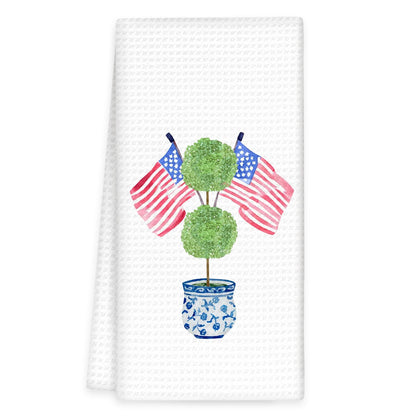 OINDADE 4th of July Grandmillennial Kitchen Towels, Blue Chinoiserie Decor Hand Towels, Patriotic American Flag Topiary Dish Tea Towel for Kitchen Decorative, Chinoiserie Topiary Bathroom Decor,16x24