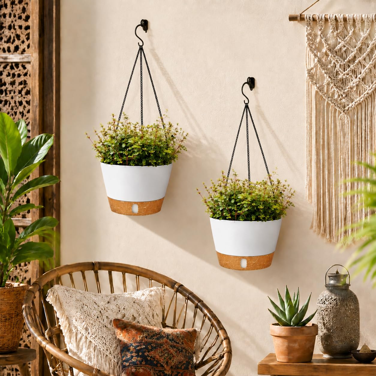 QCQHDU 2 Pack 8 Inch Hanging Planters for Indoor Outdoor Plants, Hanging Baskets Flower Pots with Reservoir Tray & Visible Water-Level