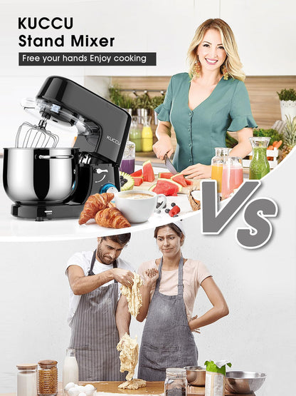 9.5 QT Double Handle KUCCU Stand Mixer, 6 Speed with Pulse Electric Kitchen Mixer, 660W Tilt-Head Food Mixer with Dishwasher-Safe Dough Hook, Flat Beater, Whisk, Splash Guard for home baking (Silver)