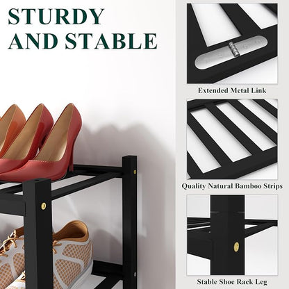 Smiry Bamboo Shoe Rack, 3 Tier Free Standing Wooden Shoe Organizer, Stackable Wood Shoe Storage Shelf for Closet, Entryway, 12 Vertical Slats, 2+1 Stack Standard Legs, 26.8"x11"x19.5", Black