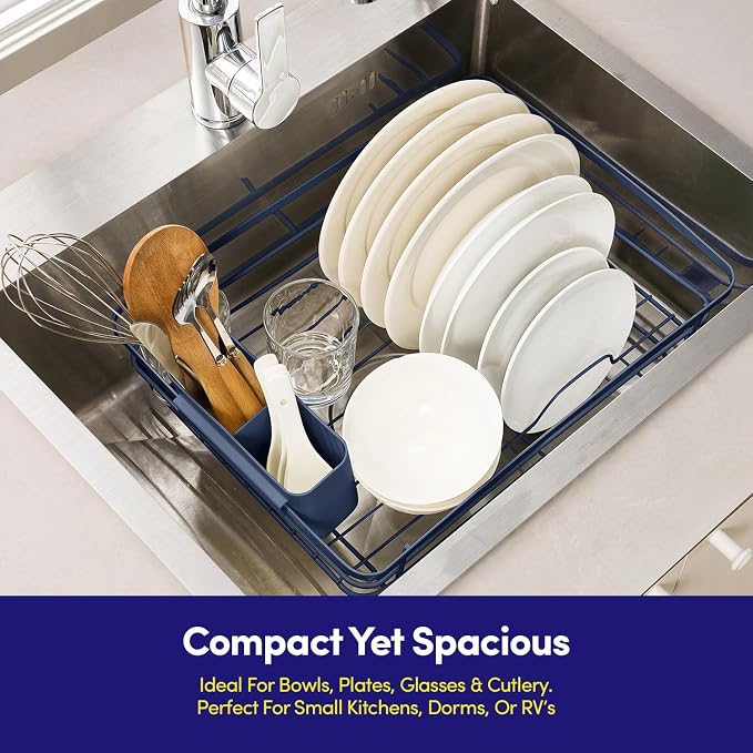 Dish Drying Rack 3 Piece Dish Drainer with Drainboard Set for Kitchen Counter – Dish Rack with Removable Utensil Holder & Swivel Spout for Countertop – DishRack for Plates, Cups & More, Navy