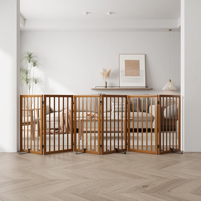 Freestanding Extra Wide Dog Gate Indoor, 6-Panel Wooden Pet Gate with 2 Metal Stands and 360°Hinge, Tall Dog Gates for Doorways, Stairs, Doorways, Kitchen, Foldable Safety Fence, 110"W x 32"H - Walnut