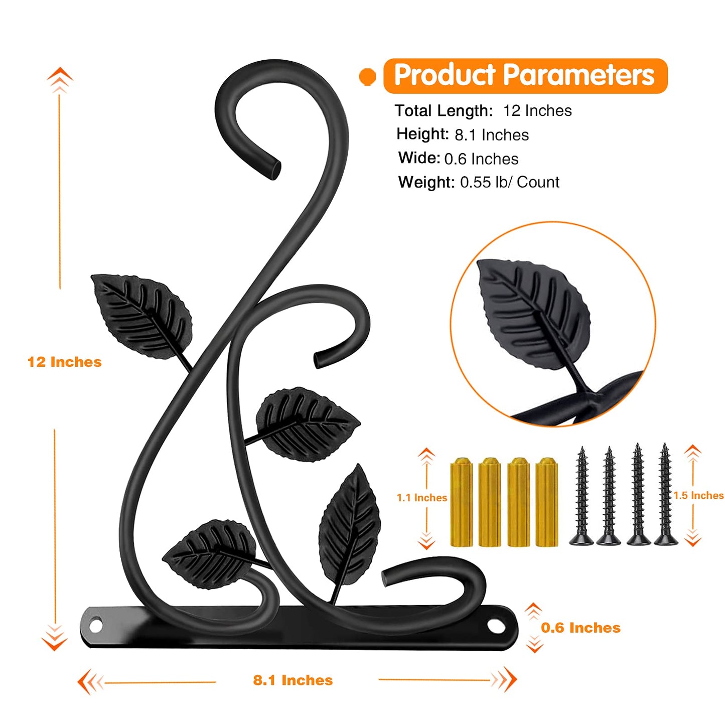 4 PCS Metal Hanging Hook Plants Brackets, 12 Inch Iron Wall Mount Bracket Durable Rust-Resistant Plant Hanger Hook for Hanging Plants Bird Feeder Lantern Wind Chimes