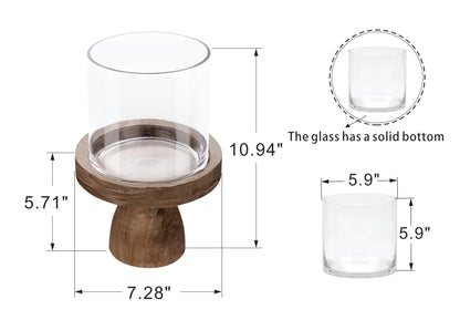 7" Wide Farmhouse Glass Hurricane Candle Holder & Glass Vase with Vintage Natural Sturdy Solid Wooden Base for Pillar & Flower Arrangement, Terrarium, Centerpiece, Console Table, Dining Table, Mantel