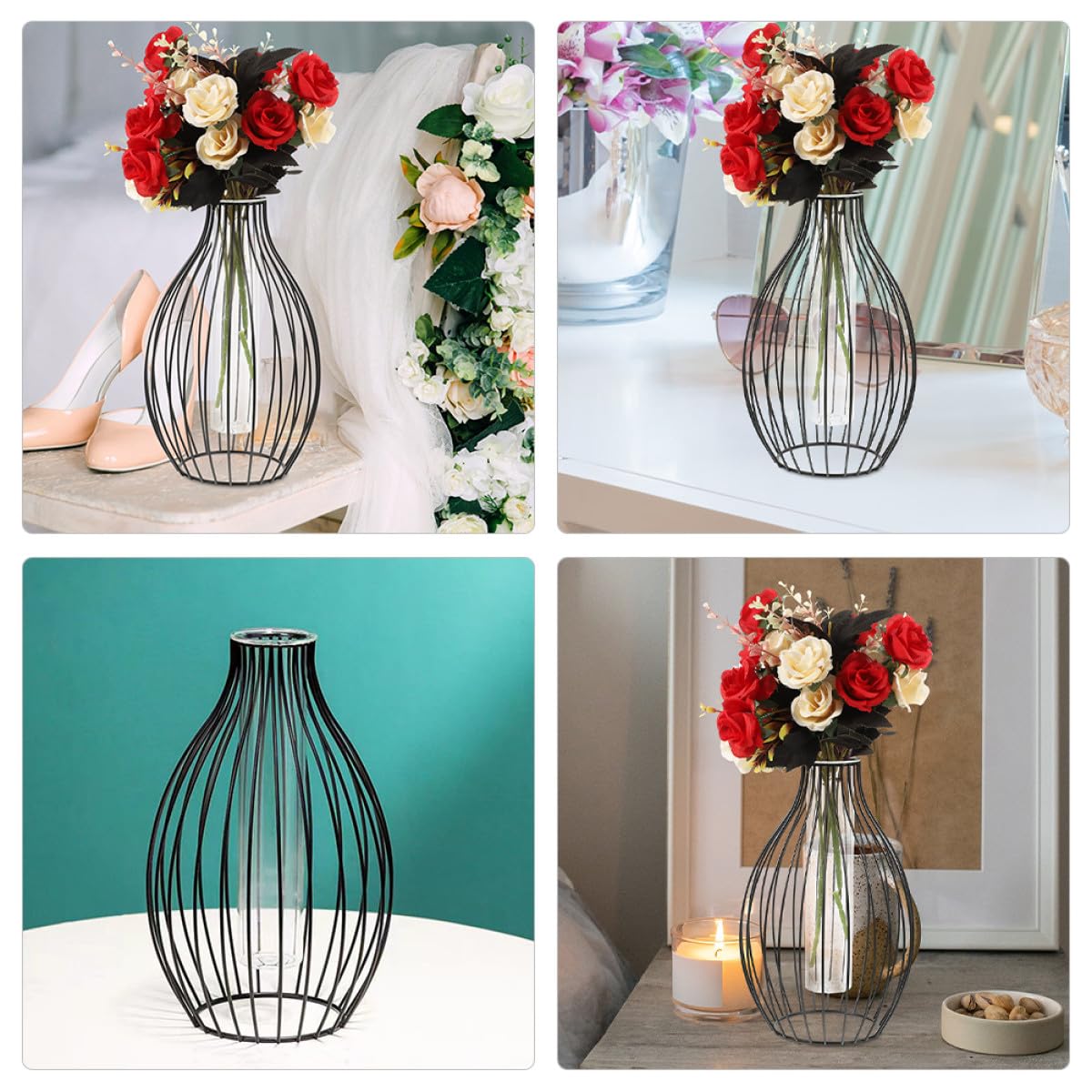 Beavorty Glass Tube Hydroponic Propagation Station with Black Iron Frame, Geometric Nordic Style Plant Terrarium Vase for Home Table Decoration