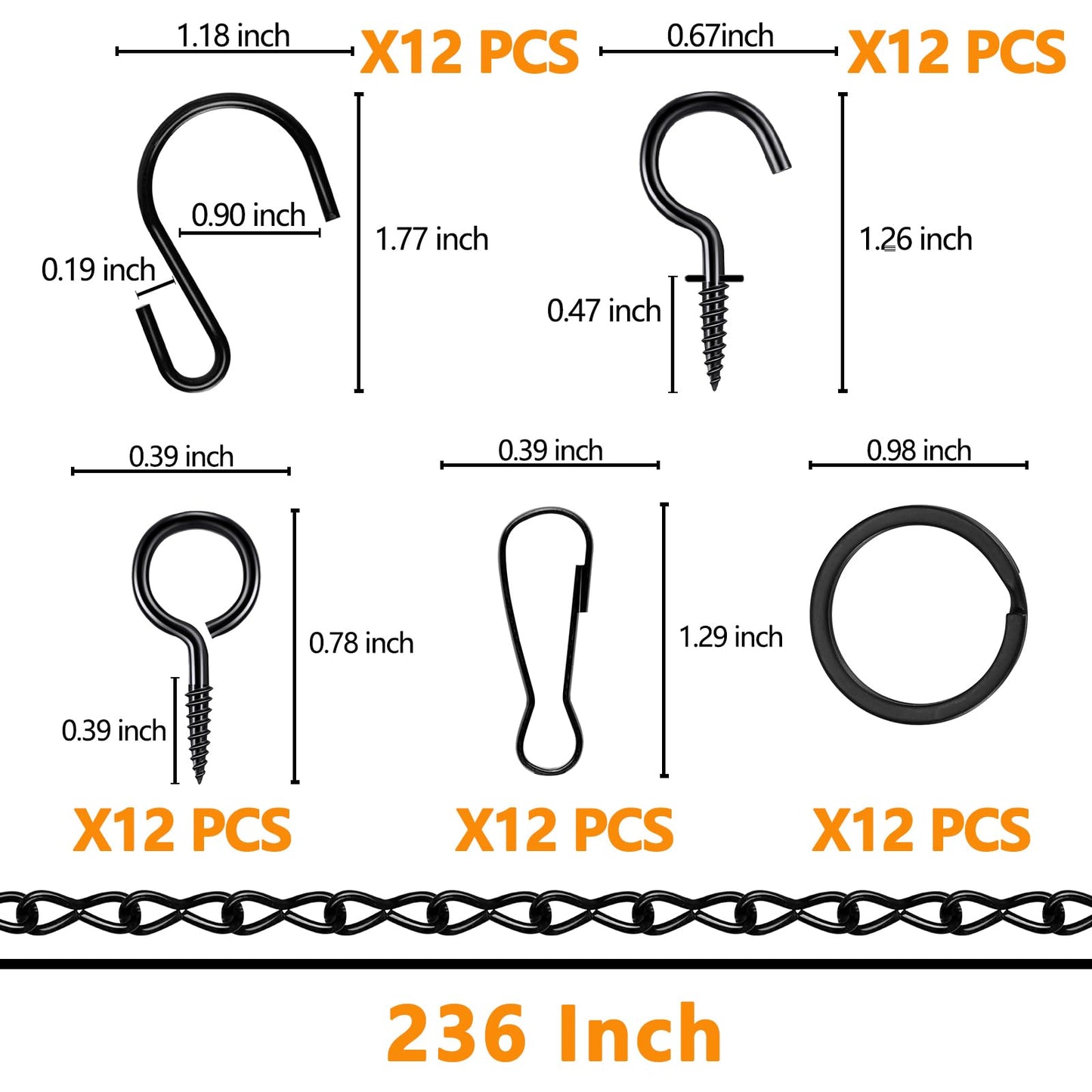 Tsocent Metal Hanging Chain, 236 Inch Black Chains for Plants, 12×S Hooks, 12×Buckles, 12×Rings, 24×Screw Hooks for Bird Feeder, Planter, Wind Chimes (Black)