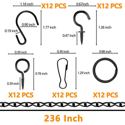 Tsocent Metal Hanging Chain, 236 Inch Black Chains for Plants, 12×S Hooks, 12×Buckles, 12×Rings, 24×Screw Hooks for Bird Feeder, Planter, Wind Chimes (Black)