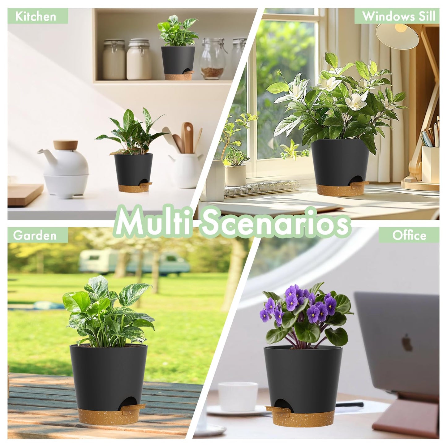 WSMKSZ 4 inch Self Watering Pots for Indoor Outdoor Plants, 6 Pack Plastic Flower Planters with Drainage Holes and Removable Saucers, Plant Pots with Wicking Rope, Modern Decor, Black Brown