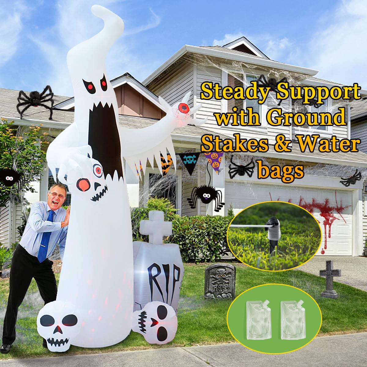 HOPOCO 12 FT Halloween Inflatables Outdoor Halloween Blow Up Yard Decorations Horror White Ghost with 3 Skull Heads Bleeding Eyeball Tombstone Halloween Decorations Clearance for Party Yard Garden