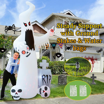 HOPOCO 12 FT Halloween Inflatables Outdoor Halloween Blow Up Yard Decorations Horror White Ghost with 3 Skull Heads Bleeding Eyeball Tombstone Halloween Decorations Clearance for Party Yard Garden