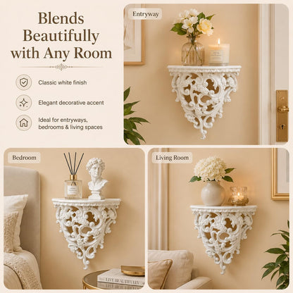 Z metnal Small Victorian Decorative Floating Shelves, Wall Mounted Decor Shelves, Classic Wall Display Organizer, Retro Hollow Carving Art Ornament Rack, Baroque Style Decorative Stand, White, Resin