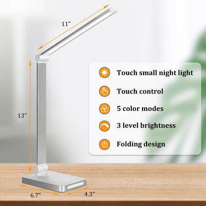 LED Desk Lamp with USB Ports,Touch Desk Lamps for Home Office with 5 Color Modes,3 Brightness Desk Light with Small Night Light,Reading Lamp Table Lamp for Bedroom Bedside Study Black （with adapter）
