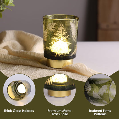 Eywamage Small Battery Operated Glass Table Lamp, Boho Green Ferns Mood Light with Remote, Cordless Bedside Accent Lamp Room Decor