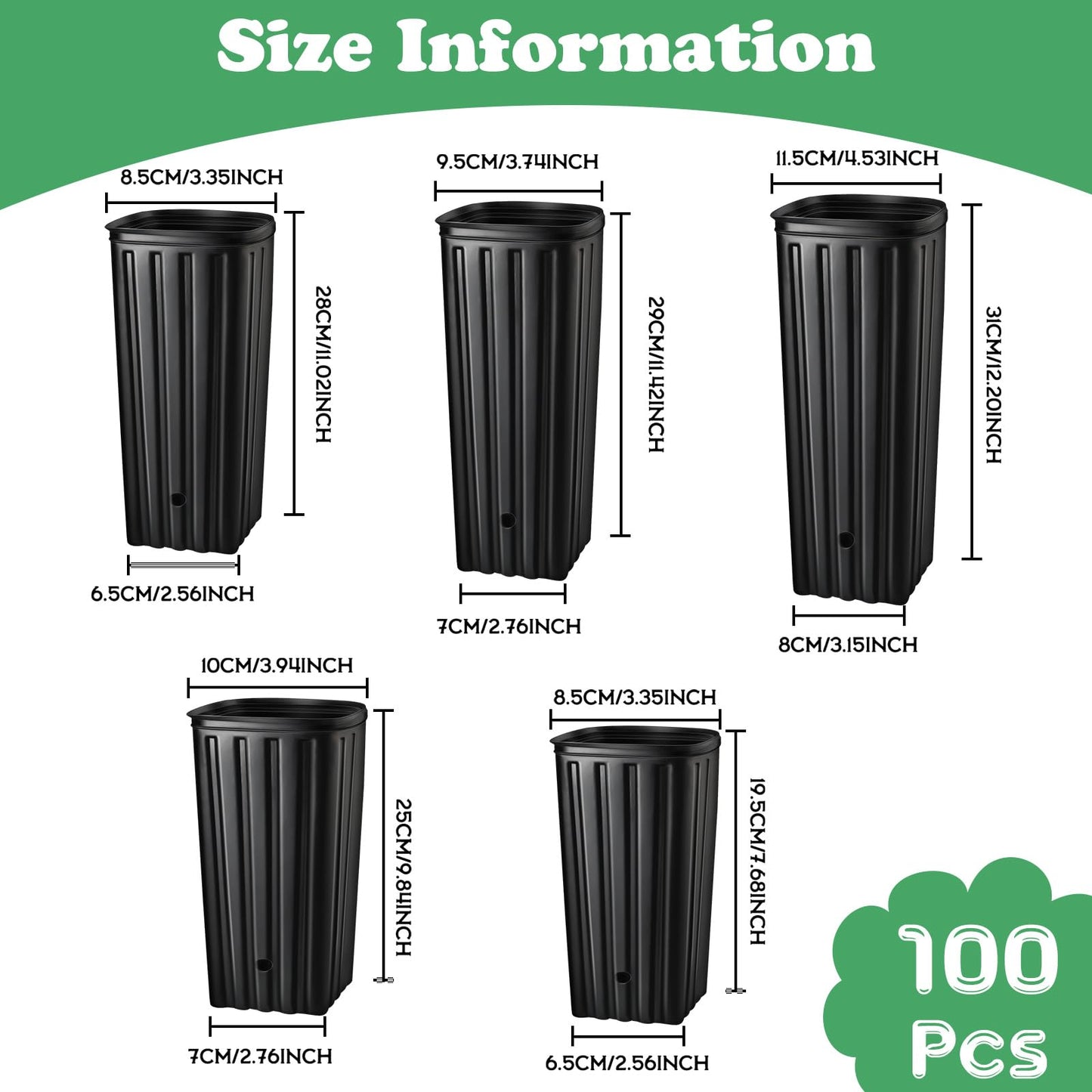 Dandat 100 Pcs Tall Tree Pots, Plastic Deep Plant Nursery Pots, Tall Seedling Flower Plant Container Starting Pots with Drainage Holes for Indoor Outdoor Gardening (5 Size 7.6"+9.8"+11"+11.4"+12.2"H)