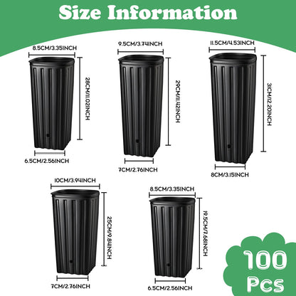 Dandat 100 Pcs Tall Tree Pots, Plastic Deep Plant Nursery Pots, Tall Seedling Flower Plant Container Starting Pots with Drainage Holes for Indoor Outdoor Gardening (5 Size 7.6"+9.8"+11"+11.4"+12.2"H)
