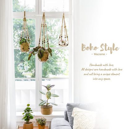 Mkono 3 Pack Macrame Plant Hangers and Ceiling Hooks, Indoor Different Size Hanging Planter Basket Flower Pot Holder with Beads No Tassels, Medium, Brown