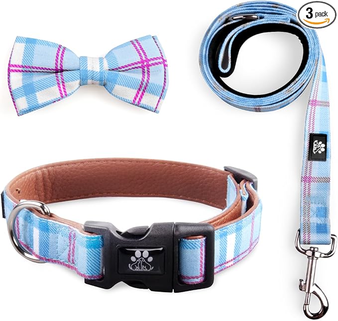 IVY&LANE Dog Collar with Bowtie and Leash Set | Plaid Adjustable Dog Collar | Detachable Bow Tie |5 FT Dog Leash | for Small Medium Large Dogs | Checkered Blue | Large