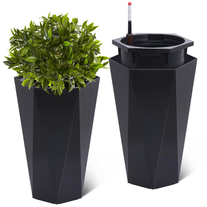 LuyFuitre Set of 2 Tall Planters for Outdoor Plants, 22.5 Inch Tall Planter Pots with Water Level Monitor, Wheels & Inner Bucket for Indoor Outdoor, Black