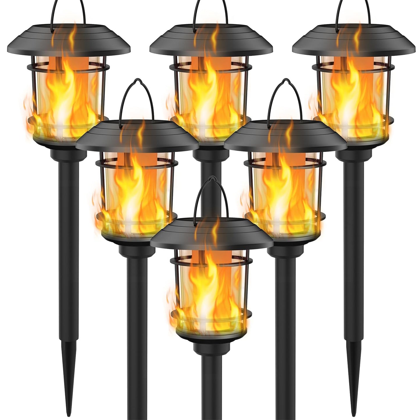 Dynaming 6 Pack Solar Flame Torch Lights Outdoor, Halloween Dual Use Flickering Flame Garden Light, Christmas Hanging Lanterns, Auto On/Off & Waterproof Lighting for Lawn Patio Yard Walkway Driveway