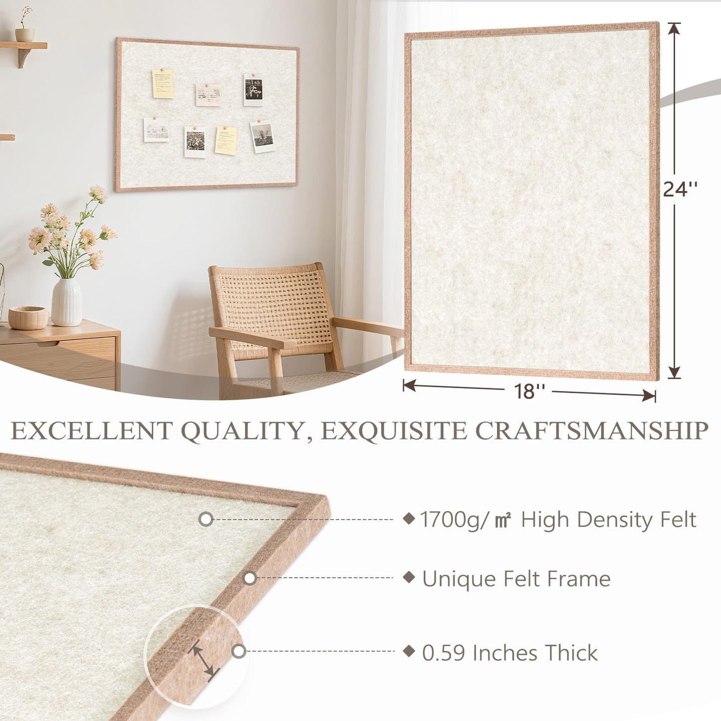 DOLLAR BOSS Felt Framed Bulletin Board 24'' x18'' 1PC Small Cork Boards for Walls Cute Lightweight Aesthetic Corkboard for Office Home Decor College Dorm Room Photo Display with 10 Pins, Beige