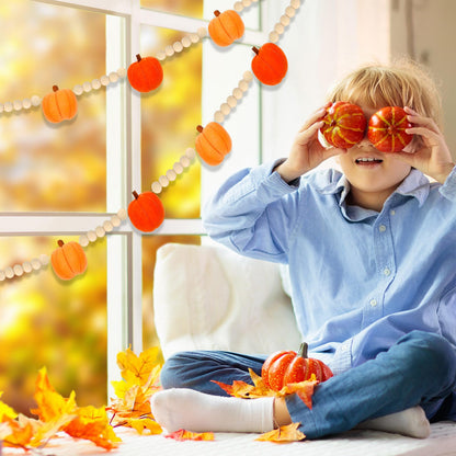 JarThenaAMCS Fall Felt Pumpkin Garland 8.2FT Wood Bead Garland with 3D Pumpkin Autumn Hanging Banner for Thanksgiving Home Wall Fireplace Decor