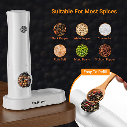 Arcselong Electric Salt And Pepper Grinder Set With Type-C Rechargeable Base, No Battery Needed, Adjustable Coarseness Electronic Spice Mill Shakers Salt And Pepper Shakers Refillable
