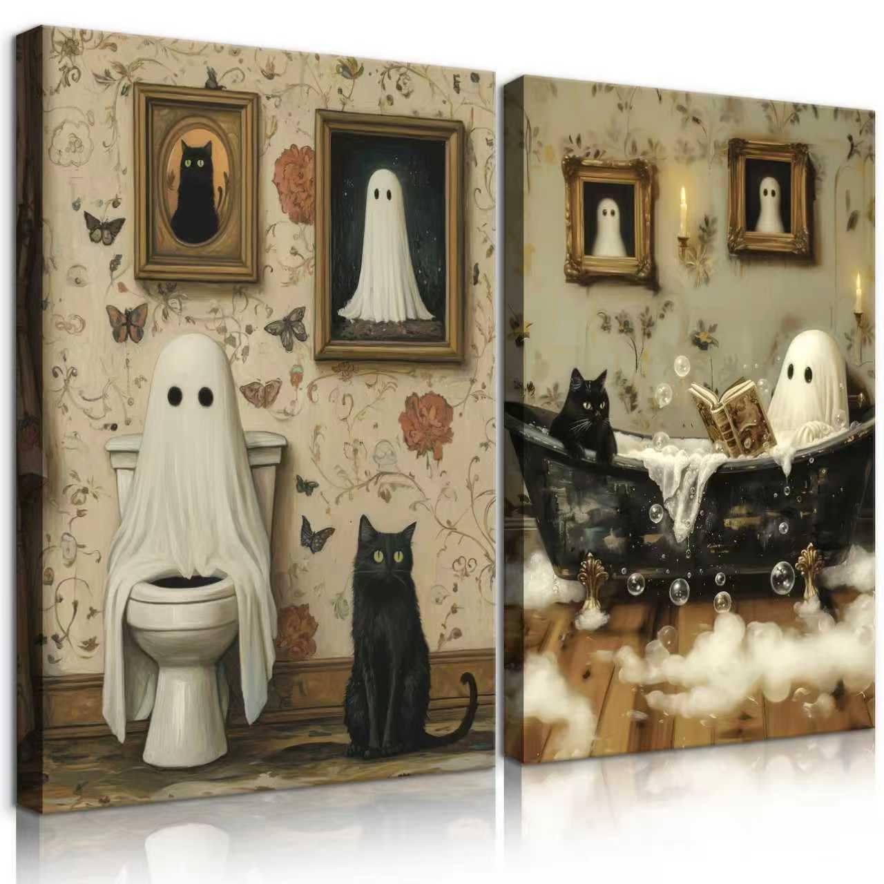 2pcs Funny Ghost Bathroom Wall Art Spooky Ghost on Toilet Wall Decor Gothic specter and Cute Black Cat Canvas Poster Dark Academia specter Painting Prints for Toilet Dorm Halloween Decor 8x10In Canvas