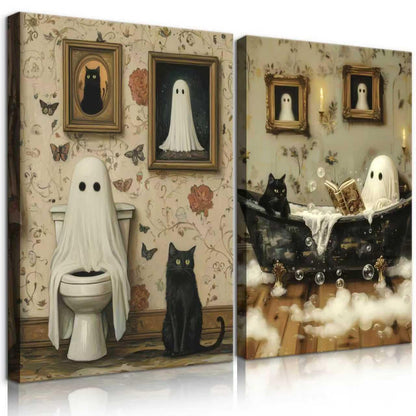 2pcs Funny Ghost Bathroom Wall Art Spooky Ghost on Toilet Wall Decor Gothic specter and Cute Black Cat Canvas Poster Dark Academia specter Painting Prints for Toilet Dorm Halloween Decor 8x10In Canvas