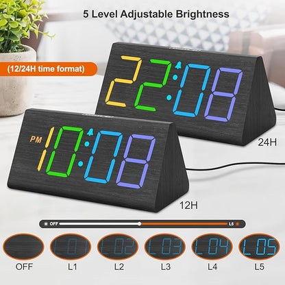 DreamSky Wooden Digital Alarm Clock for Bedroom with RGB Large Numbers | Electric Desk Clock, USB Port, Loud Alarm for Heavy Sleepers, Dimmer and Volume Control, Snooze, Wood Décor, Adapter Powered