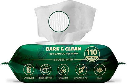 Bark & Clean Bamboo Dog Wipes for Cleaning & Deodorizing - 8.5" x 9" 110 Compostable Hypoallergenic Pet Wipes for Dogs - Paws, Butt & Body - Puppy Face, Ear & Eye Cloths - Pet Supplies
