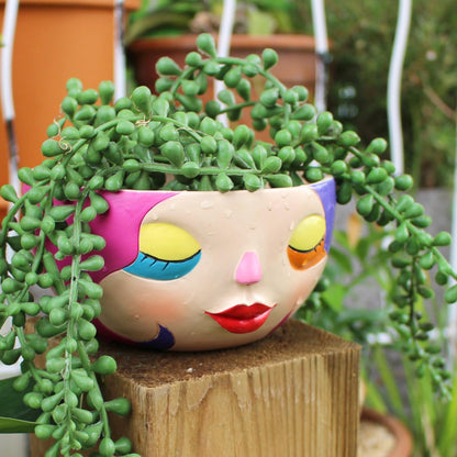BJVF Unique Face Flower Pot Head Planter - Abstract Colorful Resin Cute Girl Statue Planter with Closed Eyes for Indoor & Outdoor Plants