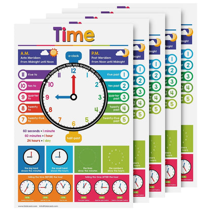 Time Educational Charts for Preschool to Gradeschool – Bright and Colorful Visual/Learning Aid Wall Art Poster for Classroom or Home | Printed on Glossy Durable Cardstock | 11" x 17" | 5 per Pack