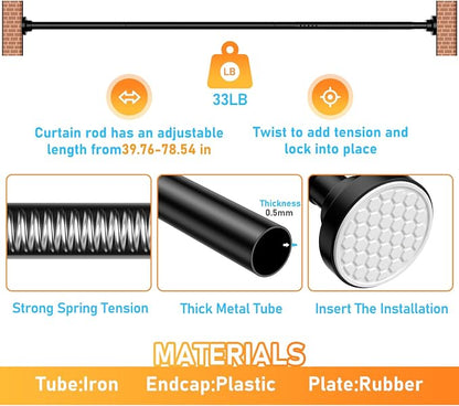 MEXAU Black Tension Curtain Rod 40-78 Inch Long Tension Rod 1.26" Spring Tension Curtain Rod Adjustable Curtain Rods No Drilling Tension Shower Rod Curtain Tension Rod for Bathroom Windows Doorways