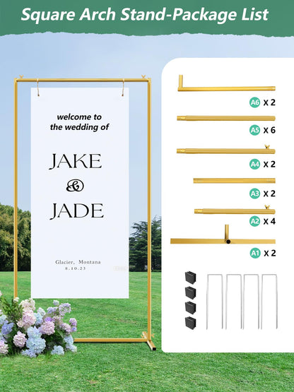JEBUTU Gold Wedding Arch Backdrop Stand, 6.6 * 3.3FT Square Backdrop Stand Balloon Flower Metal Frame for Ceremony, Anniversary, Party, Birthday,Baby Shower Photo Booth Decoration