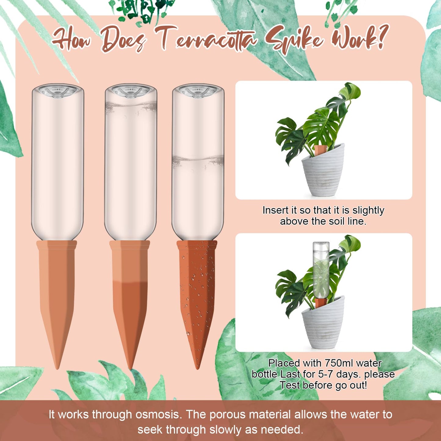 SiliFine 6 Sets Plant Watering Devices Include Terracotta Self Watering Spikes and 26 oz Plastic Bottles, Slow Release Vacation Insert Automatic Plant Waterer Device (Green Clear Brown and Terracotta)