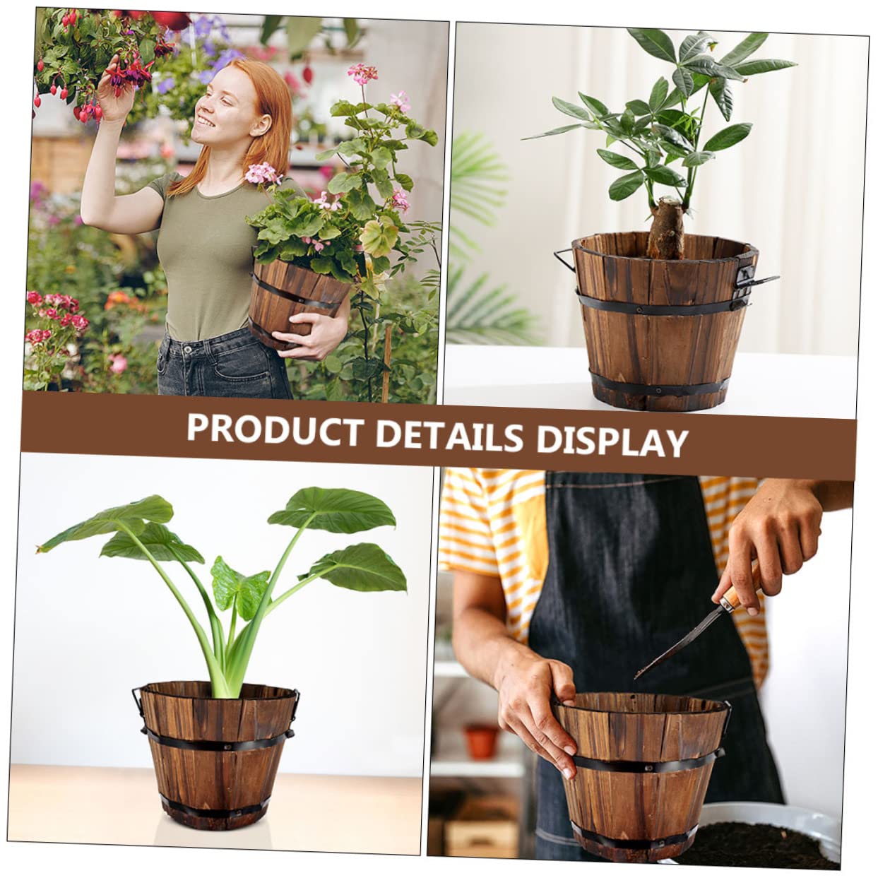 GANAZONO Wooden Whiskey Barrel Planter 6-Pack Round Outdoor Garden Flower Pots Rustic Wood Planters for Patio Lawn Decor 10.5 Inch Diameter