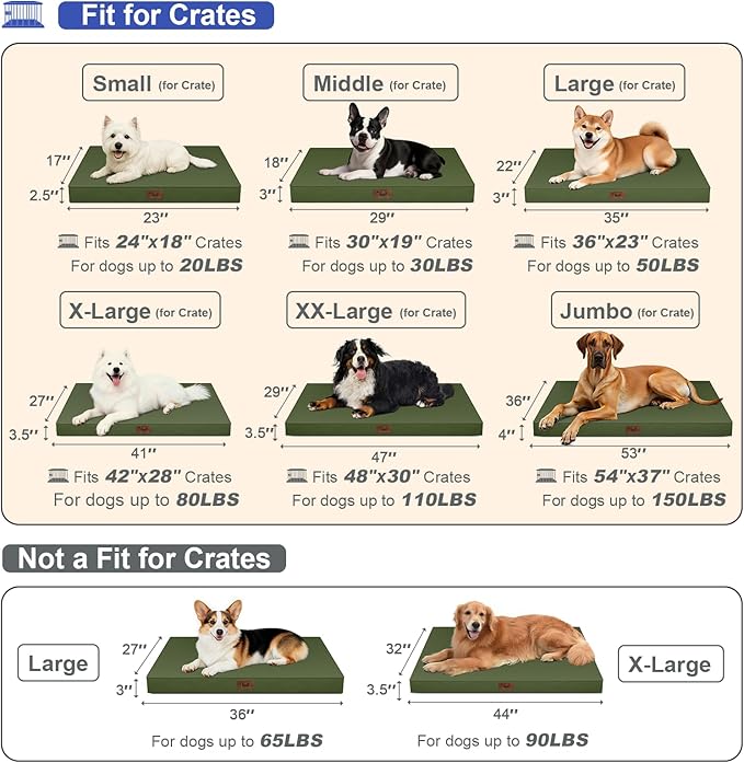 Outdoor Dog Bed for Small Dogs, Waterproof Dog Crate Bed for Medium Dogs Cats, Orthopedic Egg Crate Foam Pet Bed with Washable Removable Oxford Cover, Amy Green