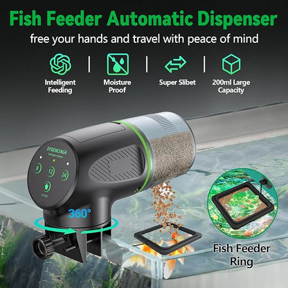 Automatic Fish Feeder for Aquarium, Auto Food Dispenser with Timer, 200 ml Fish Feeder for Pellets Granules & Strips, 360° Rotation Automatic Fishs Dispenser for Small Tank, Big Aquariums & Pond
