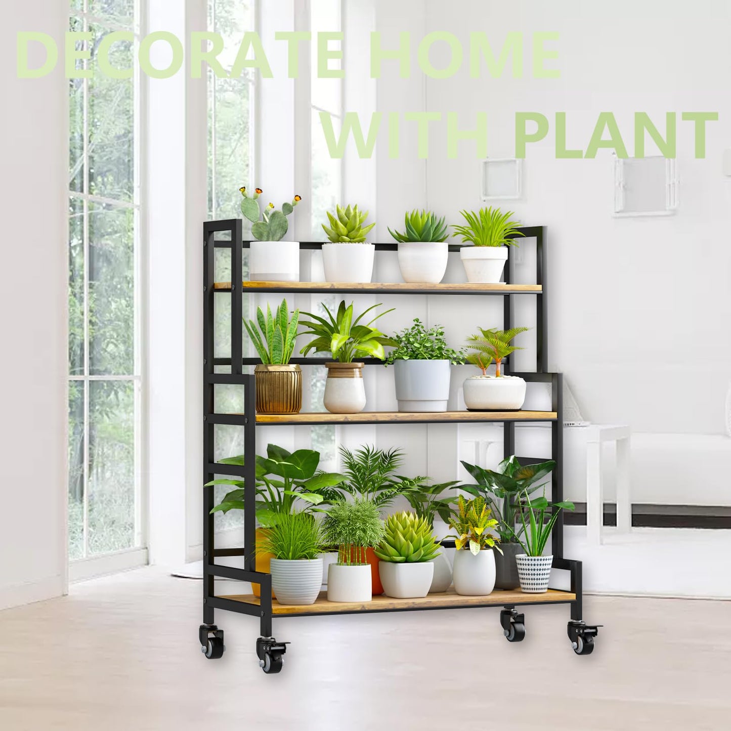 YIZAJIA Plant Stand Indoor 3 Tier Metal Board Outdoor Tiered Stands Shelf With wheel for Multiple Plants Potted Ladder Plant Holder Table Plant Pot Stand for Window Garden Balcony Living Room