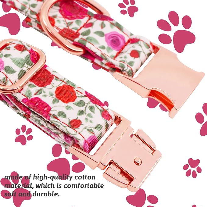 Dog Collar and Leash Set Girls Adjustable Puppy Collars with Floral Bow Tie for Small Medium Large Female Dogs, Red Rose, S