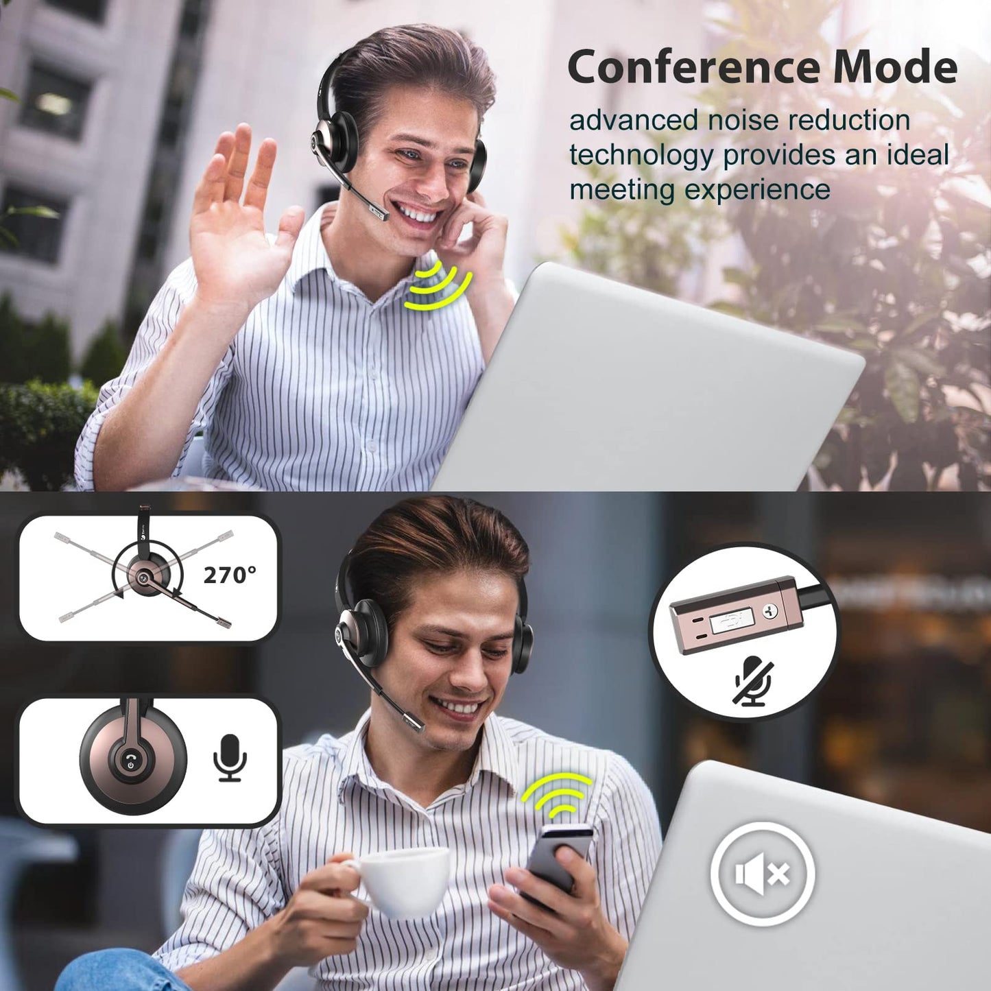 Earbay Wireless Headset, Bluetooth Headsets with Microphone Noise Cancelling, On Ear Headphones with Mic Mute, Handsfree PC Headsets for Zoom/Ms Teams/Skype/Dual Connect/Laptop/iPhone/Tablet