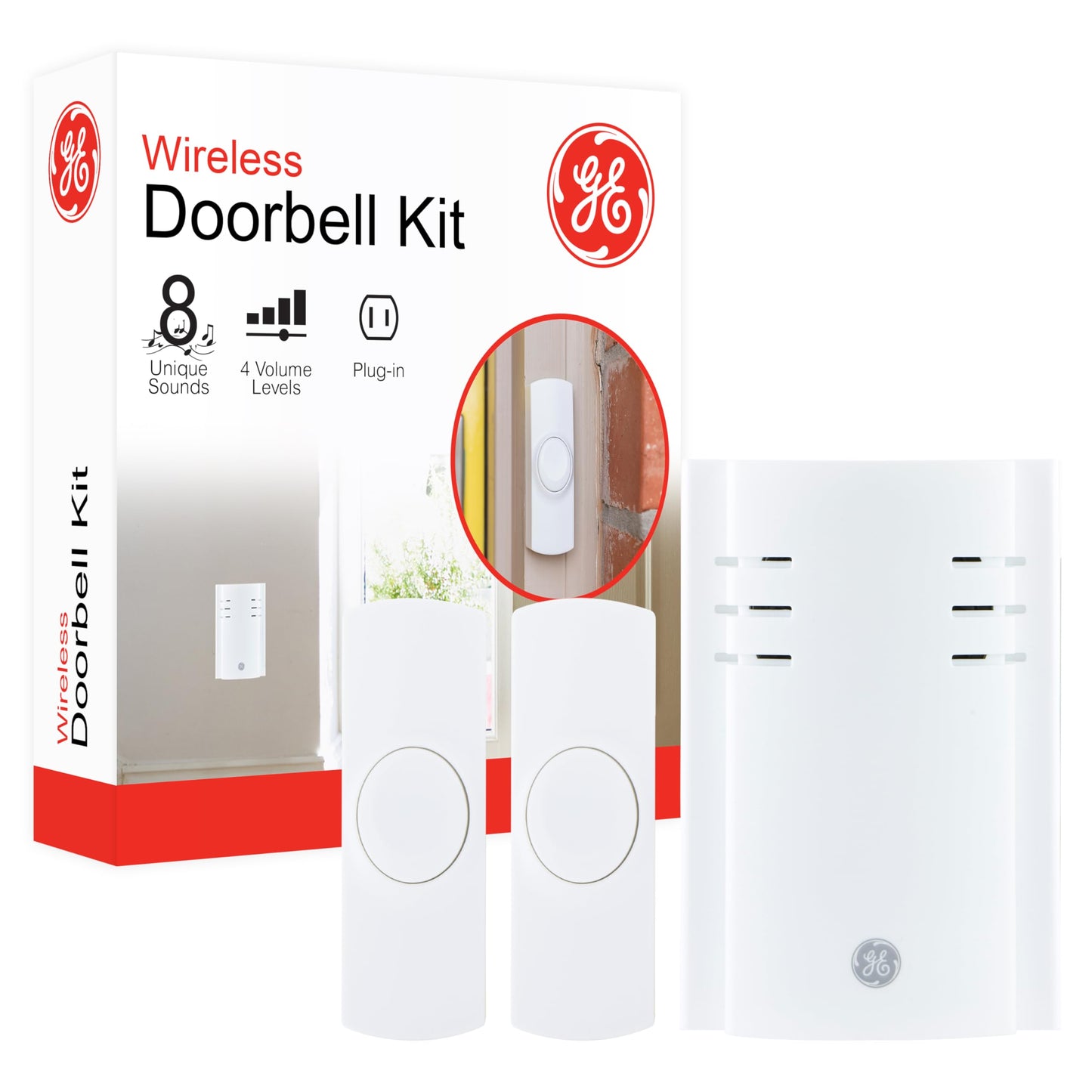GE Wireless Doorbell Kit, Plug-In Receiver, 1 Push Buttons Door Bell, 2 Melodies Doorbell Chime, 4 Volume Levels, Classroom Doorbell, 150 Ft Range, White, 19298