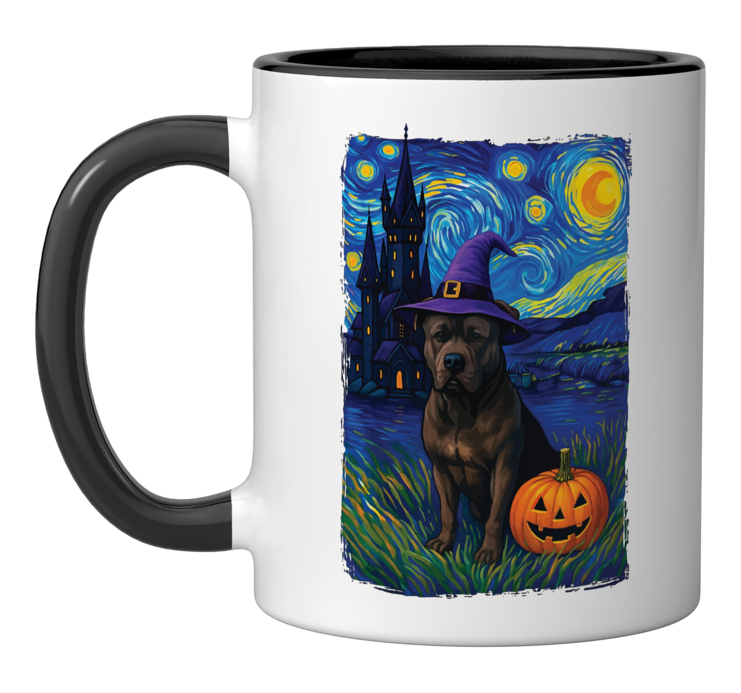 Pitbull Starry Night Halloween Ceramic Mug, Black/White