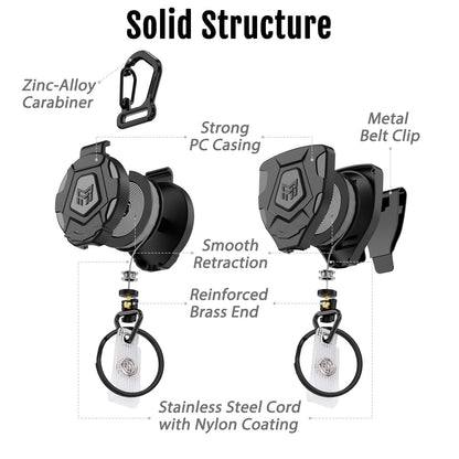 MNGARISTA Heavy Duty Retractable Keychain, Belt Clip Ver. & Carabiner Ver., 9 oz Retraction, 31.5" Steel Rope, Tactical ID Badge Reel with Key Chain Retractor, 2-Pack