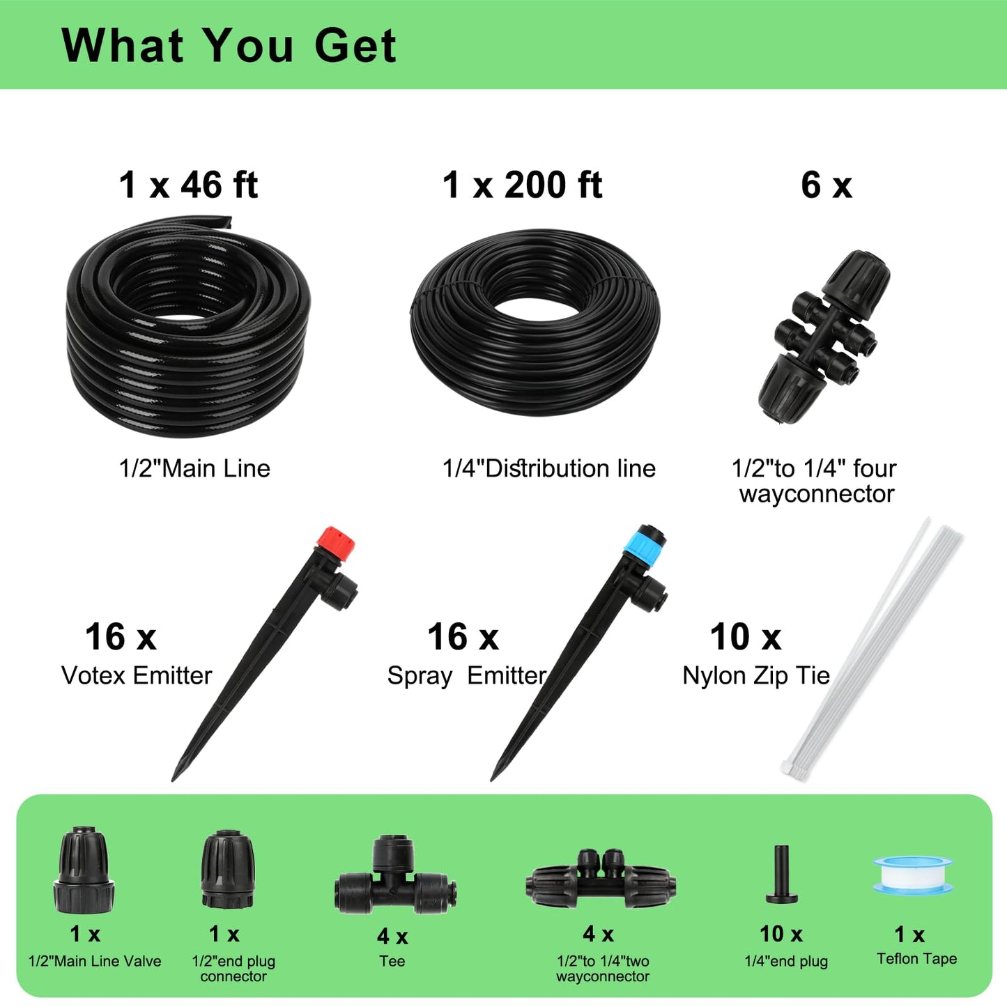 250FT Drip Irrigation System Kit, 50FT 1/2" Main Tube & 200FT 1/4" Tubing, Quick Connect Design, Brass Splitter, Adjustable Emitters & Misting Sprayers for Garden, Lawn, Raised Beds, Outdoor Plants