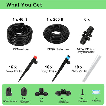 250FT Drip Irrigation System Kit, 50FT 1/2" Main Tube & 200FT 1/4" Tubing, Quick Connect Design, Brass Splitter, Adjustable Emitters & Misting Sprayers for Garden, Lawn, Raised Beds, Outdoor Plants