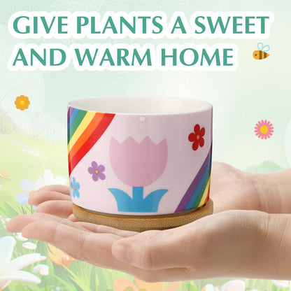 LOYIM 6 Pcs Ceramic Succulent Pots with Drainage and Bamboo Trays, Aesthetic Flower Planters for Spring Decor, Cute Decorative Succulent Pots for Mothers Day, Plant Lovers Gift, 3.7 Inch