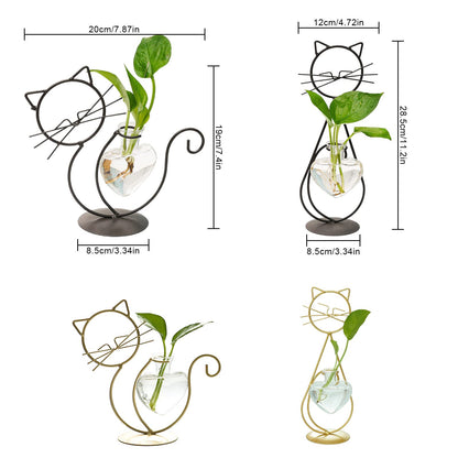 Cat Glass Planter Vase Holder - Plant Terrarium - Simple Cat Iron Flower Ware Hydroponic Flower Arrangement Vase (Sit)