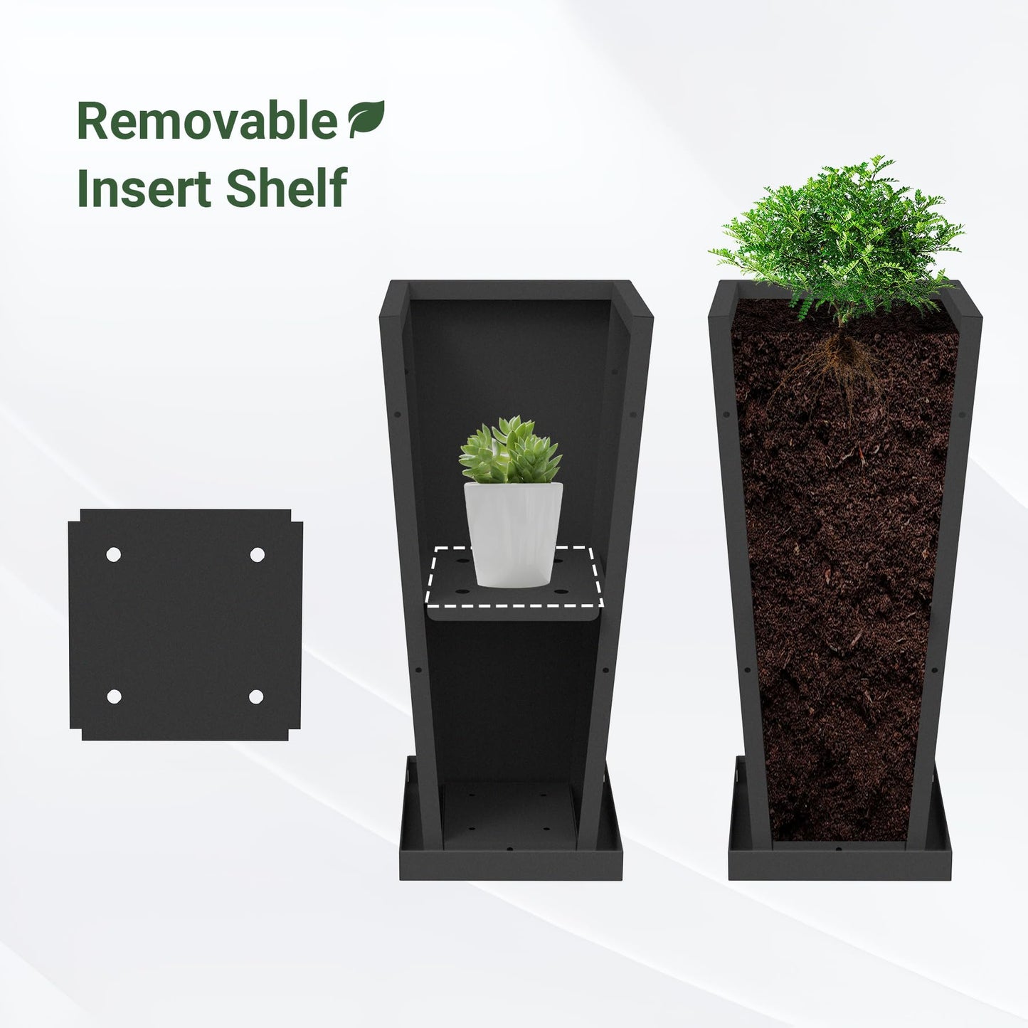 Toriexon Metal Tall Outdoor Planters Set of 2, 24 inch Durable Tall Planters with Rust-Proof Coating & Drainage Insert Shelve & Trays, Black Outdoor Planters for Porch, Garden, Patio, Yard