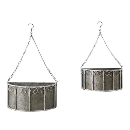 SOFE Farmhouse Galvanized Metal Hanging Planter Basket Set of 2, Unique Hanging Plant Pot Indoor Outdoor, 14 Inch/12inch Flower Pots Holder with Chain Hook, Home Garden Patio Decor